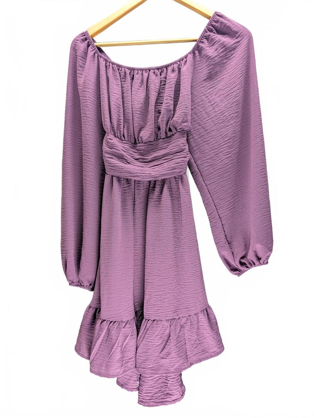 Purple Long Sleeve Ruffle Hem Mini Dress with Back Tie